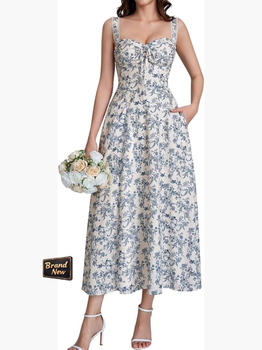 Floral Corset Midi Dress with Pockets Lace Up Flowy Summer